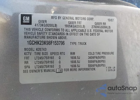 2008 Chevrolet Silverado 2500Hd Lt2 from USA, damaged, VIN 1GCHK23K98F153796